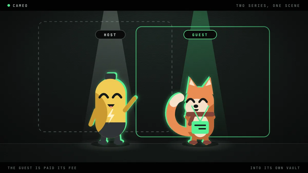 Two characters from two series share one scene: the battery kid hosts, and the fox runner visits wearing a green guest pass on a lanyard.