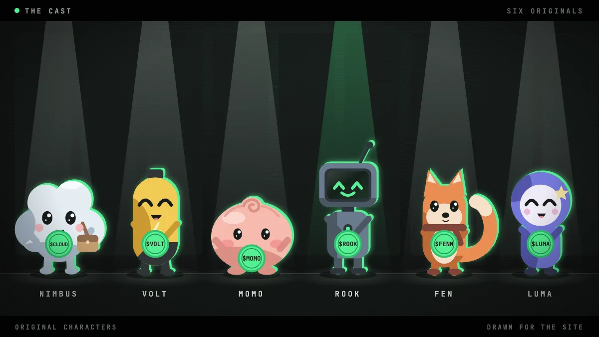 The six characters of the cast side by side on a dark stage, each holding a green coin with its ticker: a cloud courier, a battery kid, a steamed bun, a robot with a television head, a fox runner and a moon kid.