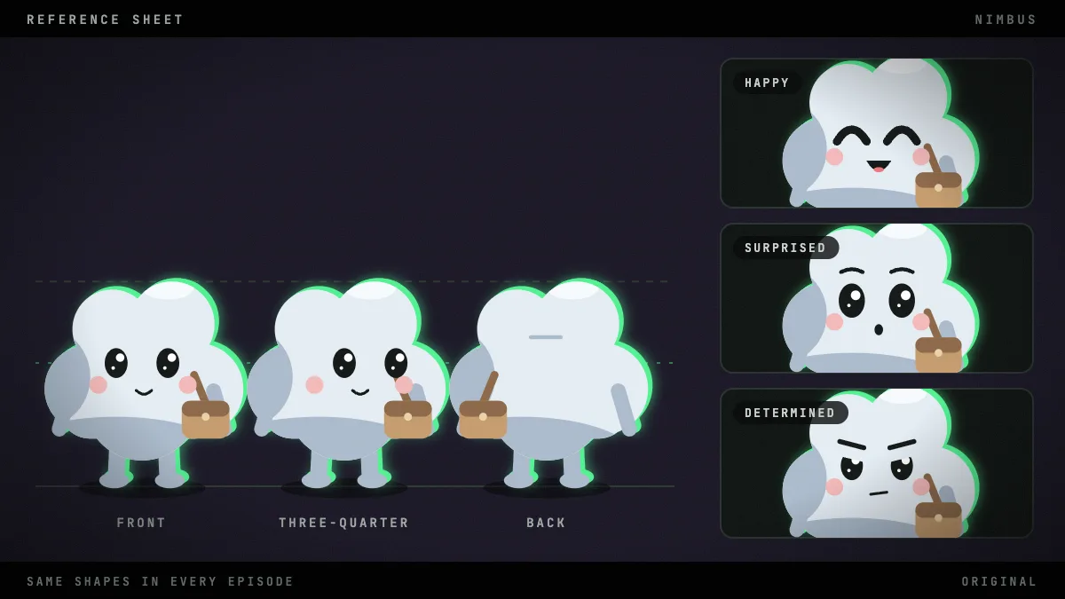A character reference sheet of the cloud courier: front, three-quarter and back views on a construction grid, and three close-ups of its face, happy, surprised and determined.