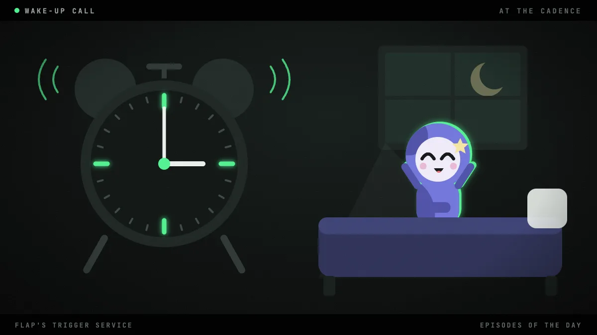 A large alarm clock rings beside the moon kid, who sits up in bed stretching as dawn comes through the window; green ticks round the clock's face mark the day's episodes.