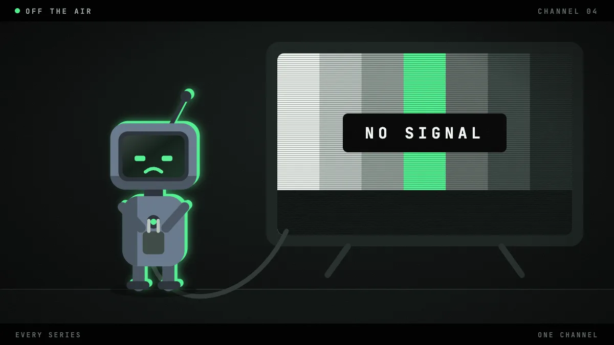 The robot with the television head holds an unplugged cable in front of a big screen showing a NO SIGNAL card over grey and green test bars.