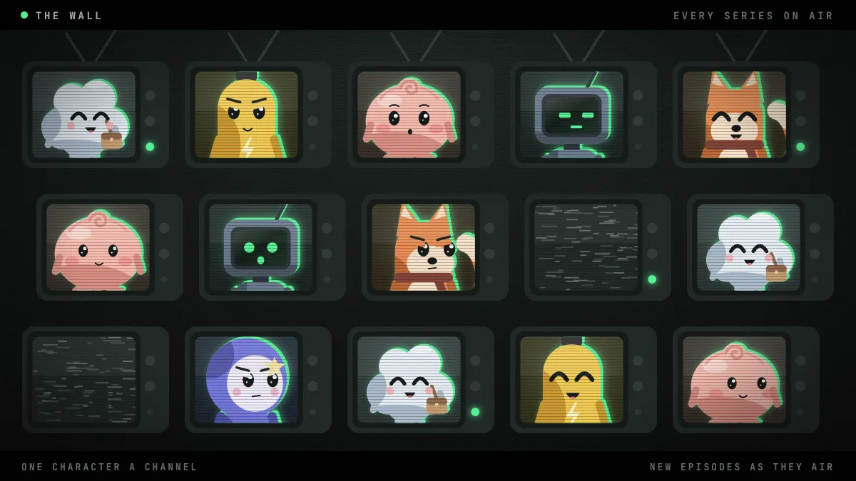 The series wall: fifteen television sets stacked in three rows, each screen showing a character from the cast, a few of them with their green ON AIR lamps lit.